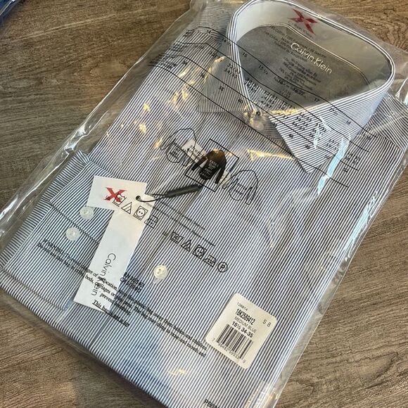 Calvin Klein Striped Cotton Dress Shirt-BLUE-15.5-34/35 Extreme Slim Fit - Picture 2 of 3